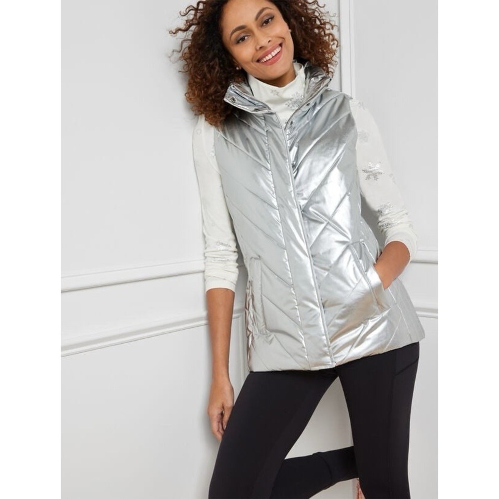 Women's Metallic Quilted Puffer Vest Size Medium T By Talbots
